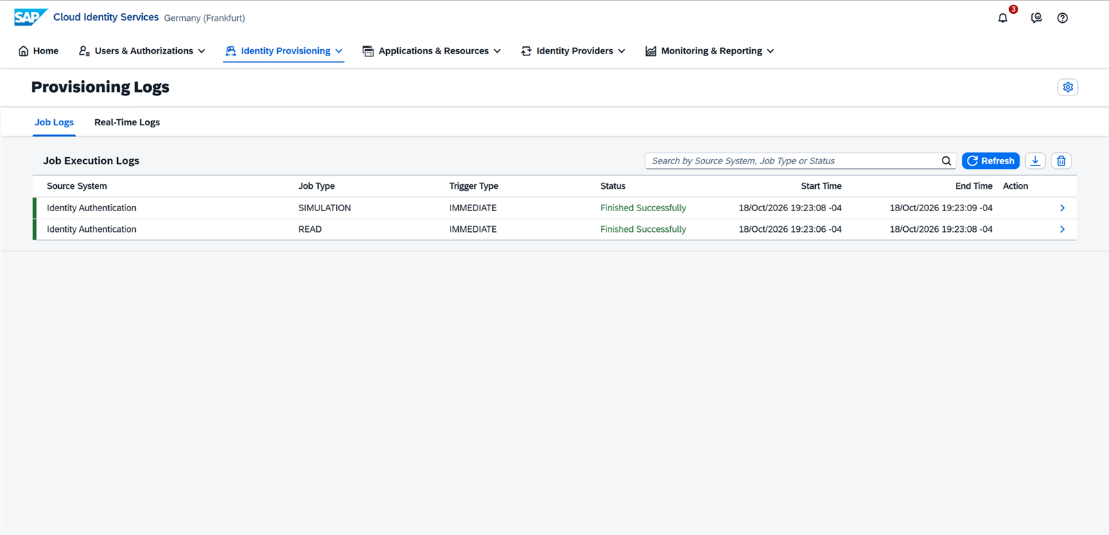 Job Logs de Identity Provisioning con los Jobs SIMULATION y READ en estado Finished Successfully